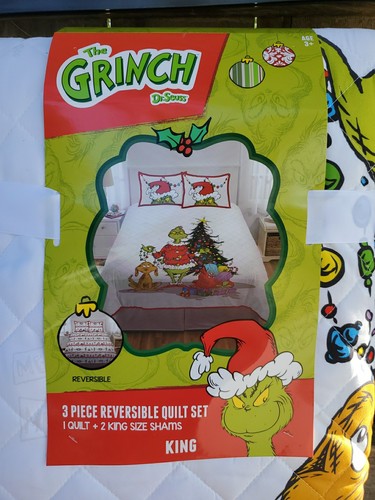 Nwt The Grinch 3 Peice King Size Bedding Christmas, Comforter With 2 Shams - Picture 4 of 7
