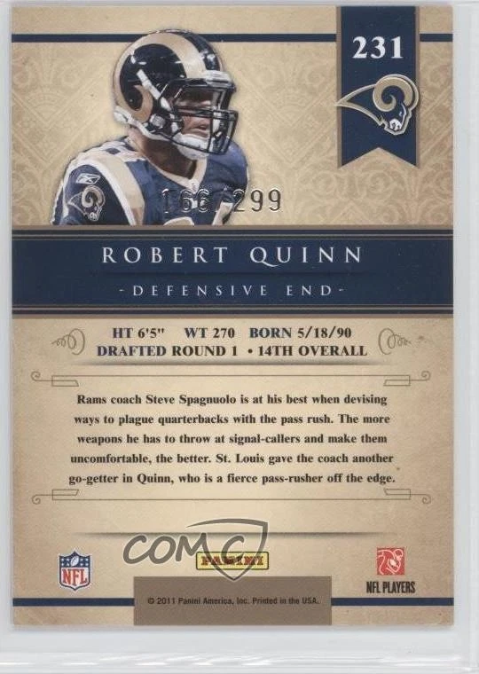 2011 Panini Gold Standard /299 Robert Quinn #231 Rookie RC - Image 2 of 2