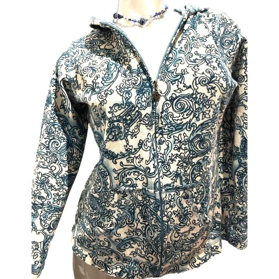 Chaqueta de algodón con capucha y cremallera completa azul y blanco Oleg Cassini para mujer talla pequeña 4 6 Foto 3 de 4