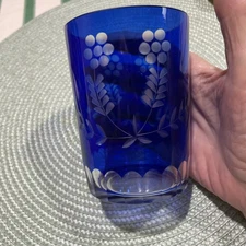 Vintage Floral/Fern Etched Glass Juice Drinkware 8 oz. Cobalt Blue