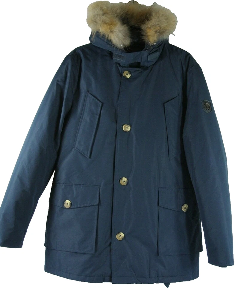 NUEVO, Anorak con capucha de piel real Roberto Cavalli para hombre en azul marino talla M #DC521 Foto 2 de 4