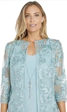 R&M Richards Women's Jacket Sheath Dress Set With Necklace Blue New Size 12