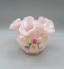 VTG FENTON PINK ROSE OPALESCENCE RUFFLED HAND PAINTED VASE BOWL SIGNED A FARLEY