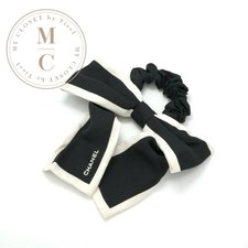 CHANEL Hair Accessories Black White Logo Ribbon Scrchie Hair Tie