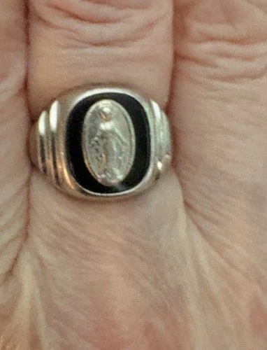 Antique Art Deco Virgin Mary Black Onyx Sterling Silver Ring 1920's Size 6.25