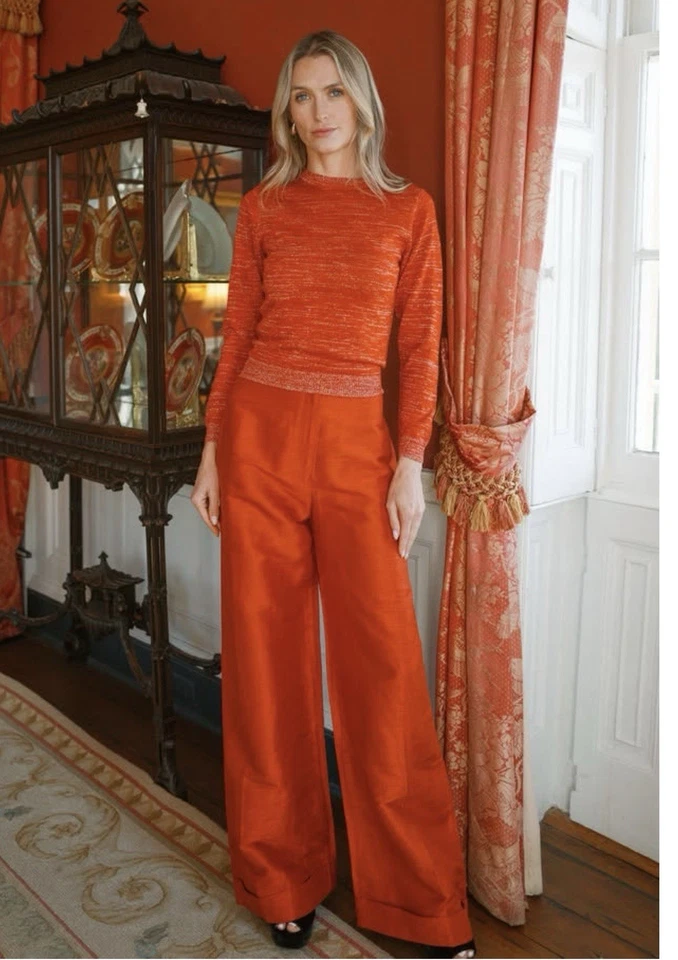 Pantalones de vestir Julia Amory para mujer Julia Dupioni seda pierna ancha rojo ladrillo talla M Foto 2 de 4