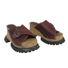 London Underground Vintage 90s Burgundy Leather Chunky Wood Platform Sandal Sz 6