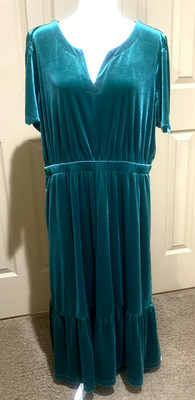 Terra &Sky 1X Teal Green Velvet Dress Short Sleeve Bottom Ruffle Holiday