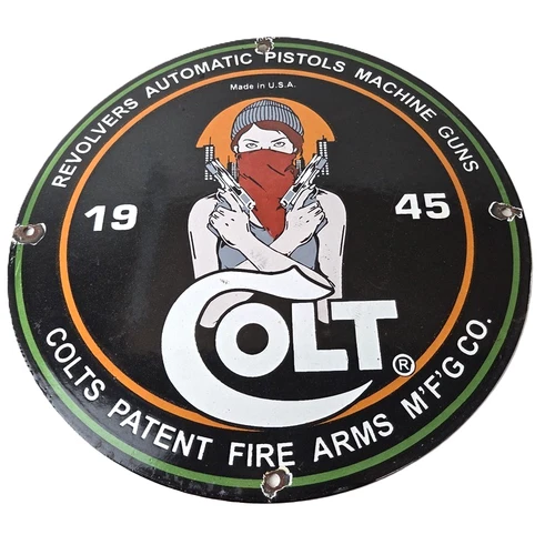 Vintage Colt Porcelain Sign - Pistols Revolvers Machine Gun Ammo Gas Pump Sign
