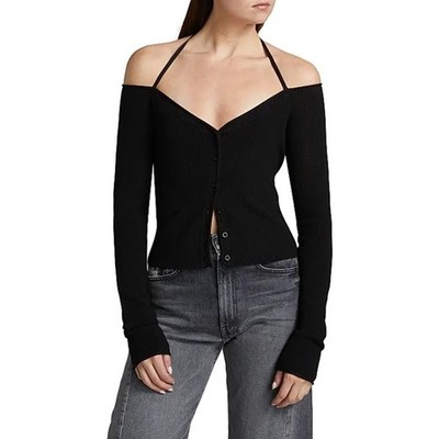 Good American Women Black Stretch Rib-Knit Off-the-Shoulder Halter Top Size M