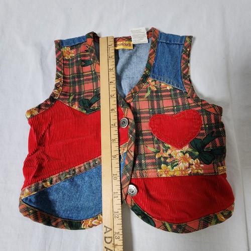 Bonjour Kids Denim Patchwork Vest Size 4 Y2K Plaid Applique Single Stitch vtg - Picture 10 of 13