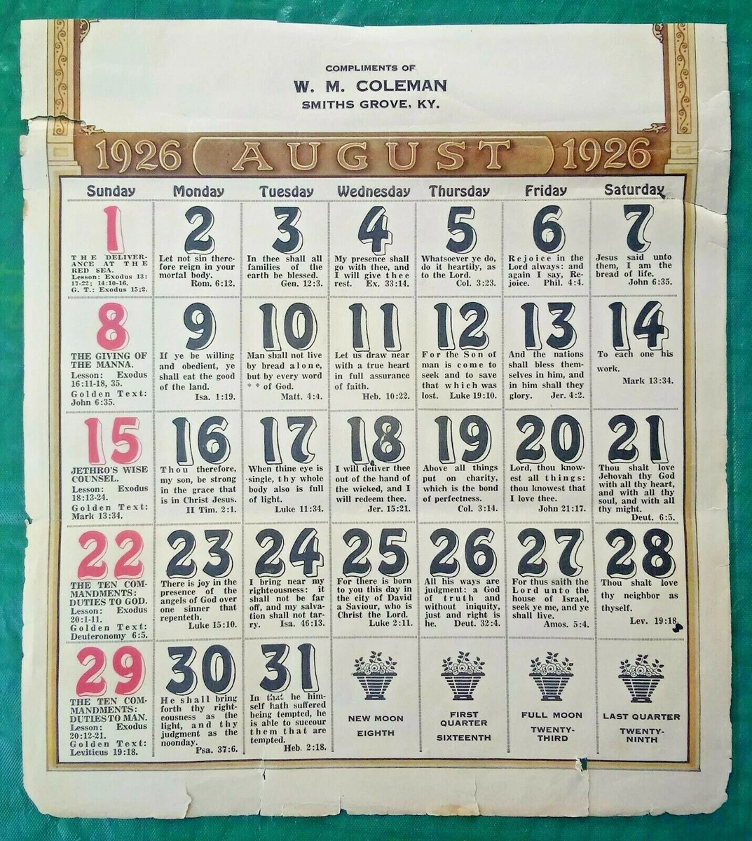 1926 CALENDAR PAGE APRIL / AUGUST CALENDAR PAGE W. M. COLEMAN SMITHS GROVE,  KY | eBay