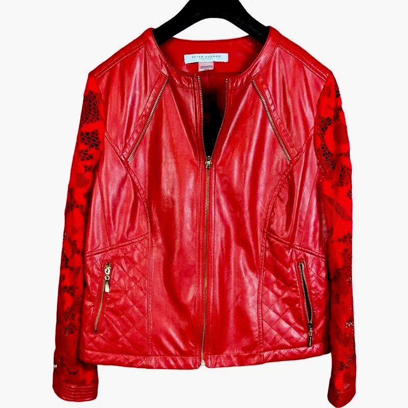 CHAQUETA PETER NYGARD MUJER ROJA IMITACIÓN CUERO Y ENCAJE FLORAL CREMALLERA COMPLETA TALLA P MED Foto 4 de 4