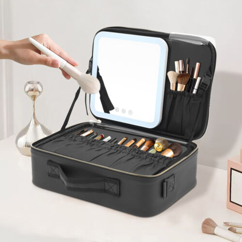 Travel Makeup Train Case Storage Bag W/ Mirror+Lights Cosmetic Bag Organizer - Afbeelding 1 van 24