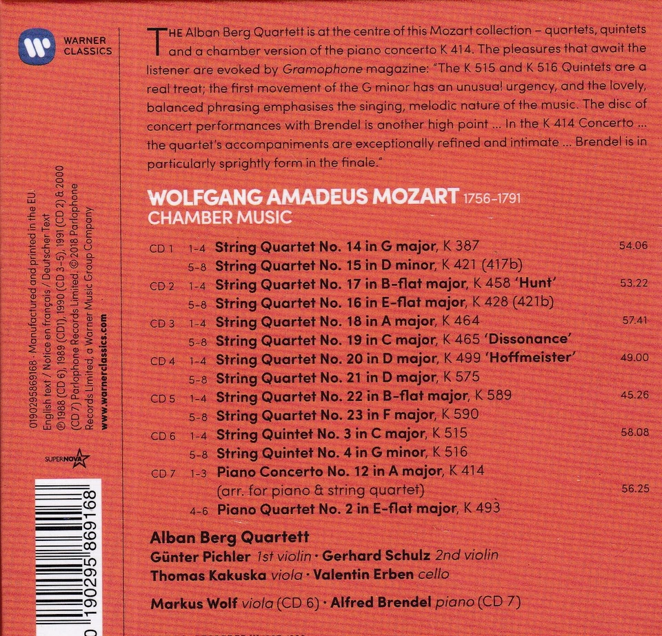 Alban Berg Quartett, Alfred Brendel - Mozart: Chamber Music (7-CD) SEALED - Bild 2 von 2