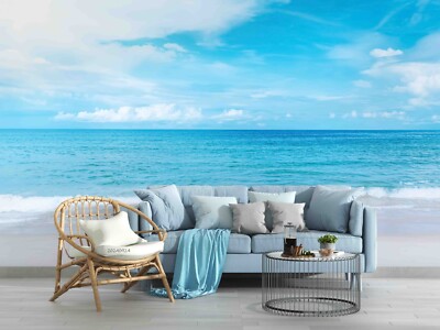 3D Simple Beach Blue Sky Self-adhesive Removeable Wallpaper Wall Mural
