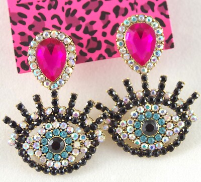 1.75'' NEW BETSEY JOHNSON PINK GEM & AB CRYSTAL RHINESTONE EVIL EYE DROP EARRINGS