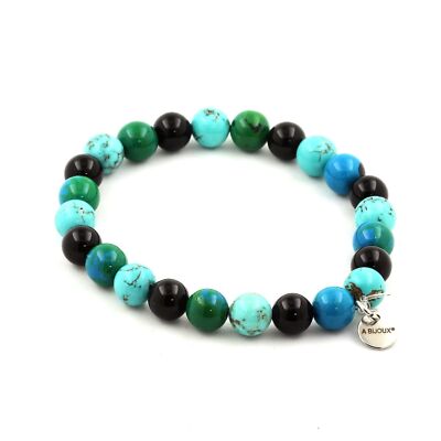 Chrysokolle Perlen Armband + Türkis + Achat schwarz 8 mm. Made in France.
