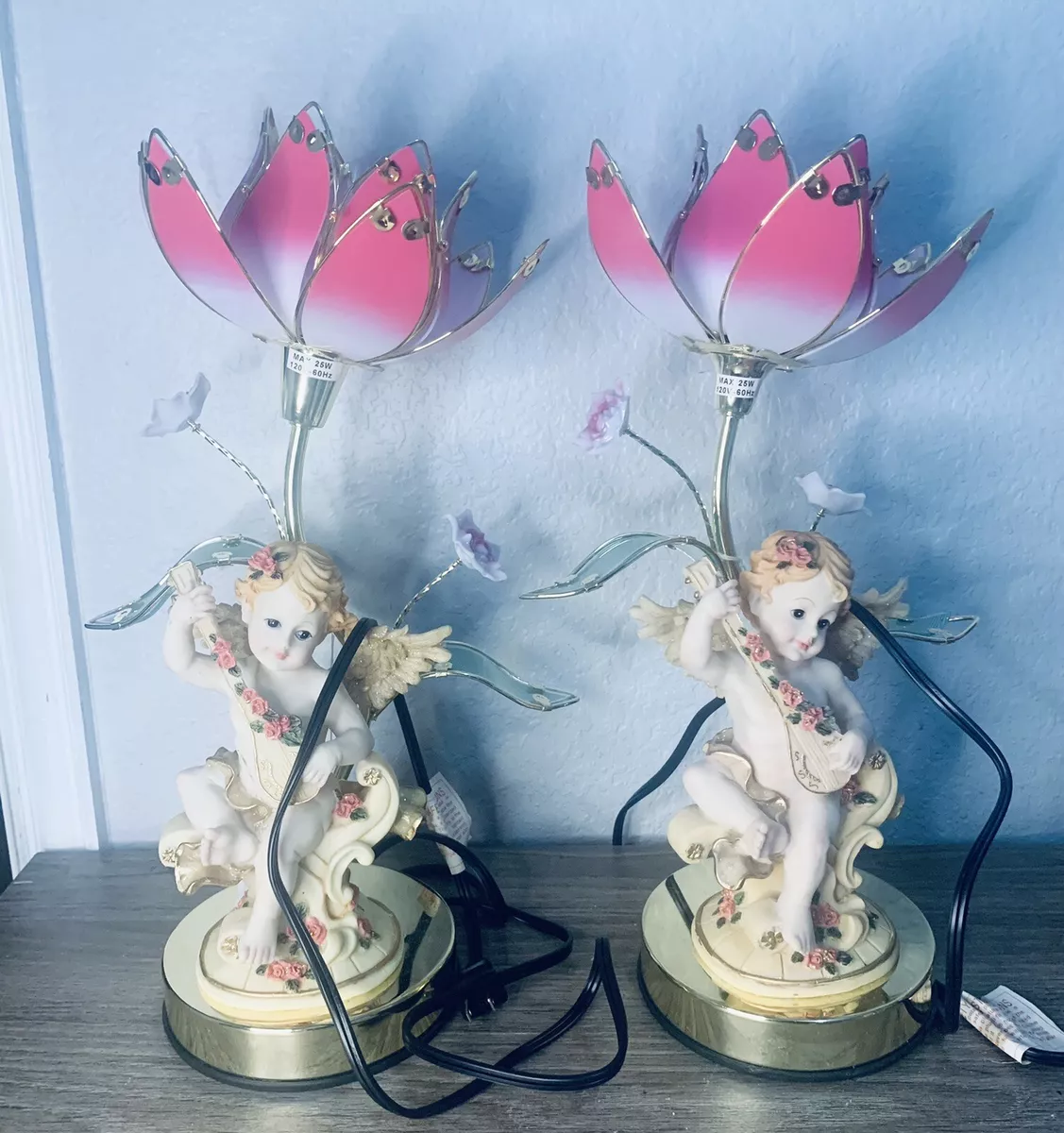 Verstella Lamp Angels Figure Lucite Pink Flowers Touch Levels Light