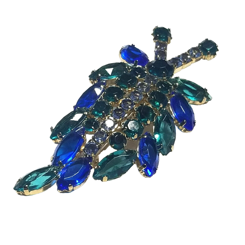Vintage Large Blue Green Rhinestone Brooch Marquise Curved Leaf Open Backs - 第 2/7 張圖片