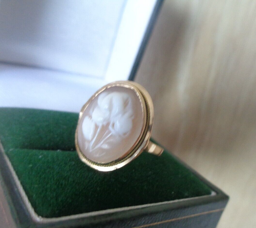 Anillo camafeo floral tallado vintage de oro amarillo de 14 quilates hecho a mano - talla M/N - Imagen 9 de 11