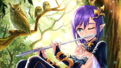 Anime artwork purple hair elves girls pointed ears owl Playmat Gaming Mat