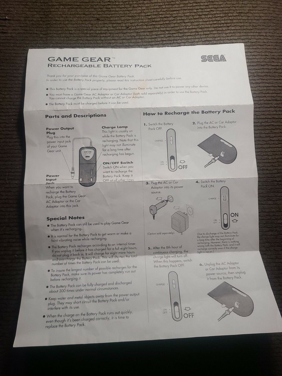 Sega Game Gear Rechargeable Battery Pack Fold-Out OEM Booklet