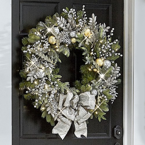 Christmas 26" Wreath Cordless Prelit LED Silver Champagne Holiday Trim 327 Tips - Picture 6 of 6