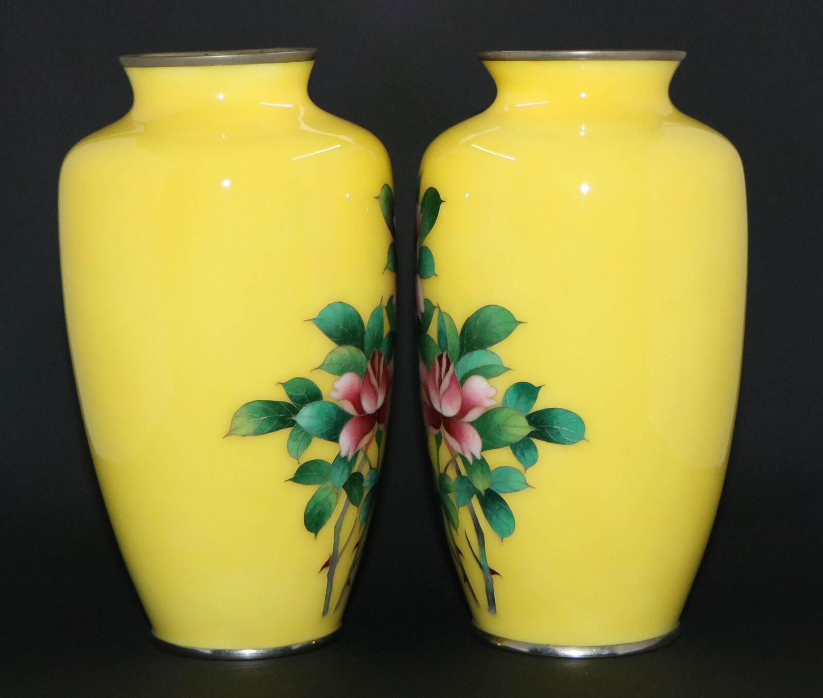 Fine PAIR of Japanese Cloisonne Vases Vivid Yellow Background