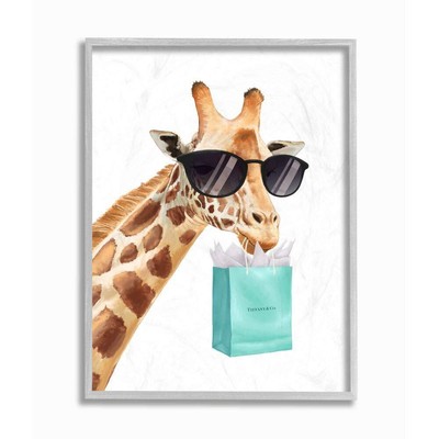 Glam Fashion Giraffe Animal Blue Painting Grey Framed Wall Art, 16 x 20, Desi...