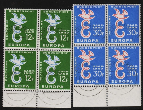 1958 Common Design Europa Saar Set Sc#317-318 USED CTO Bottom Margin Block of 4