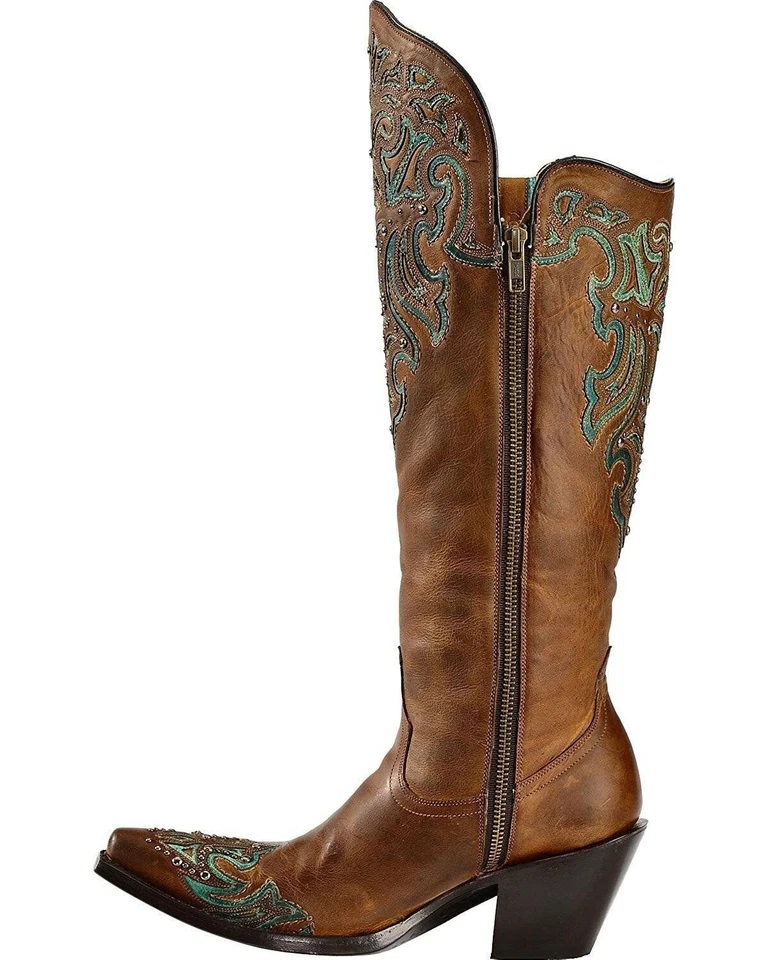 Bota feminina CORRAL alta turquesa cravejada ponta das asas cowgirl biqueira redonda G1182 - Imagem 3 de 4