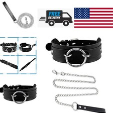 Black Wide Faux Leather Choker Necklace with Adjustable Chain for Cosplay