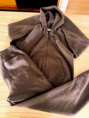 Lacoste Men's 2pc Sweatsuit Gray Cotton Fleece Full Zip Hoodie Pants 36