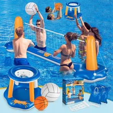 Pool Volleyball Set & Basketball Hoop - 125'' Larger Pool Volleyball Net for Ing