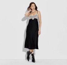 Women's Lace Trim Satin Midi A-Line Dress - Wild Fable, Black, Sz S, NWT