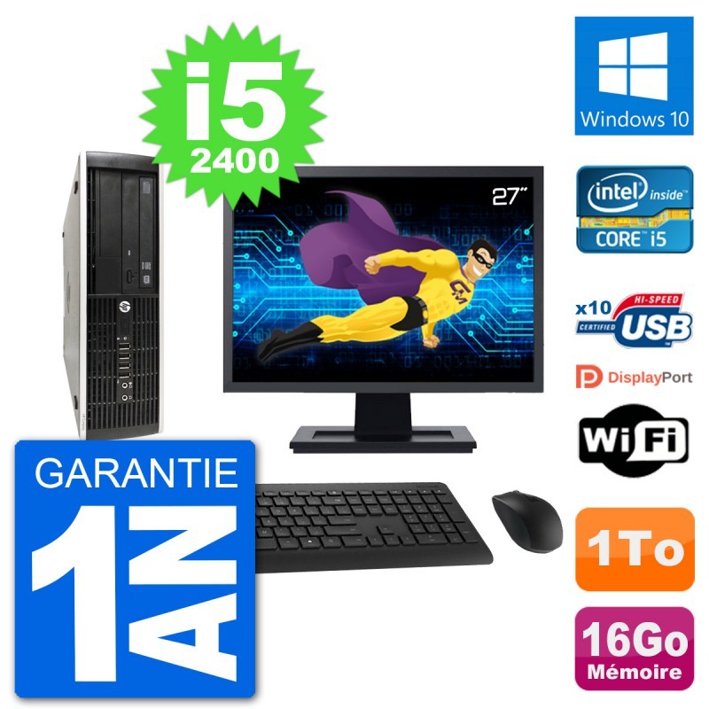 PC HP Compaq Pro 6300 SFF Ecran 27" i5-2400 RAM 16Go Disque 1To Windows 10 Wifi