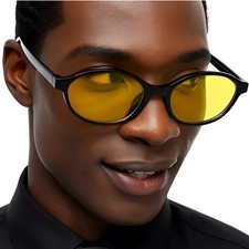 Retro Oval Sunglasses Yellow Lenses Black Frame Men Fashion Light Weight Hip Hop