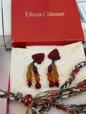 VTG NIB 2 1/2  DIANE GILMAN AMBER STYLE DROP CLIP-ON EARRINGS -COSTUME JEWELRY