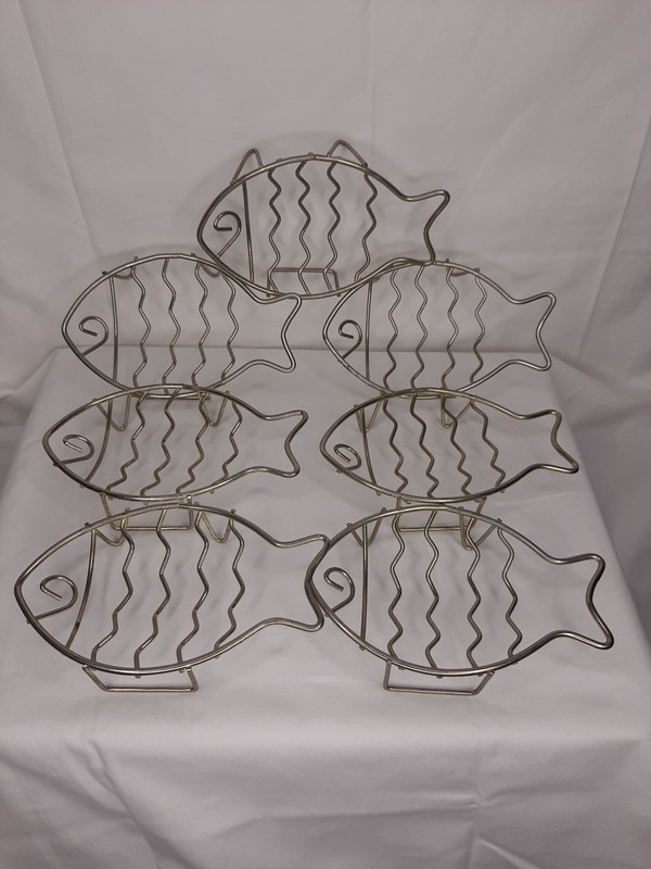 Vintage Footed Gold Tone Metal Fish Trivet Sponge Holders Set Of 7