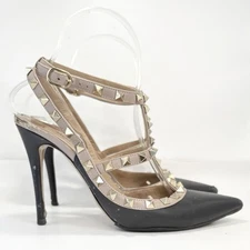 Valentino Garavani Rockstud Ankle Strap Pump Black w/ Gold Studs Sz EU 37.5