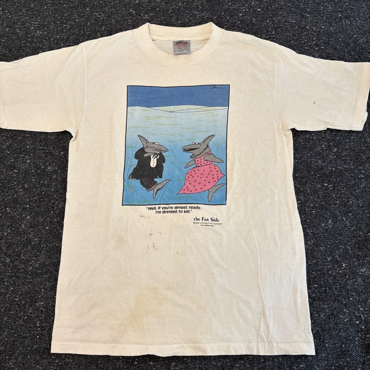 Vintage Gary Larson THE FAR SIDE Sharks T-Shirt Single Stitch Size
