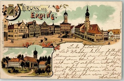 13496786 - 8058 Erding Market Square Holy Blood Coat of Arms Lithograph 1898