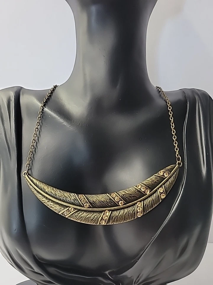 Collar Colgante Pluma Tono Bronce Cristales Naranja Joyería Disfraz Vintage Foto 3 de 4