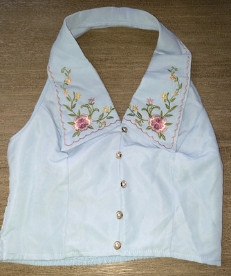 womens light blue HALTER STYLE TOP SHIRT medium size 6 embroidery flowers collar