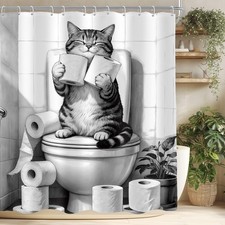 Funny Cat Shower Curtain 60x72 Inch Sitting On Toilet Pet Animal 12 PCS Hooks