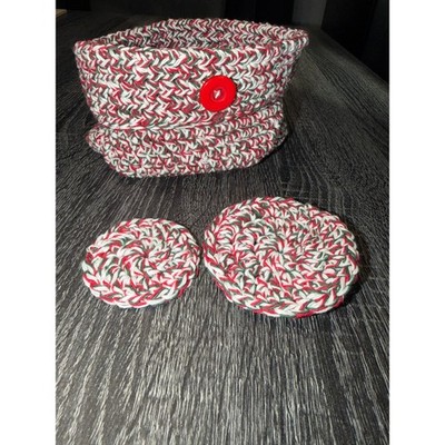 Handmade Crocheted Holiday Basket Set Red Green White Button Coasters