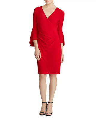 LAUREN Ralph Lauren Petite 3/4 Bell Sleeve V-Neck Knee-Length Sheath Dress, 2P