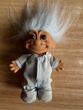 Vintage Russ Troll Doll In Blue Pyjamas With Light Blue Hair