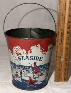 ANTIQUE SEASIDE TIN LITHO SMALL TOY SAND PAIL BEACH STARFISH EARLY PATRIOTIC